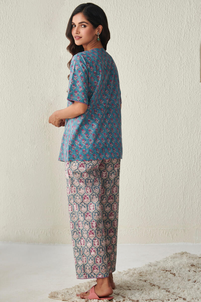 Blue Block Printed Cotton Loungewear Set
