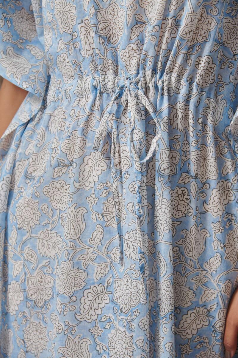 Blue Block Printed Cotton Kaftan