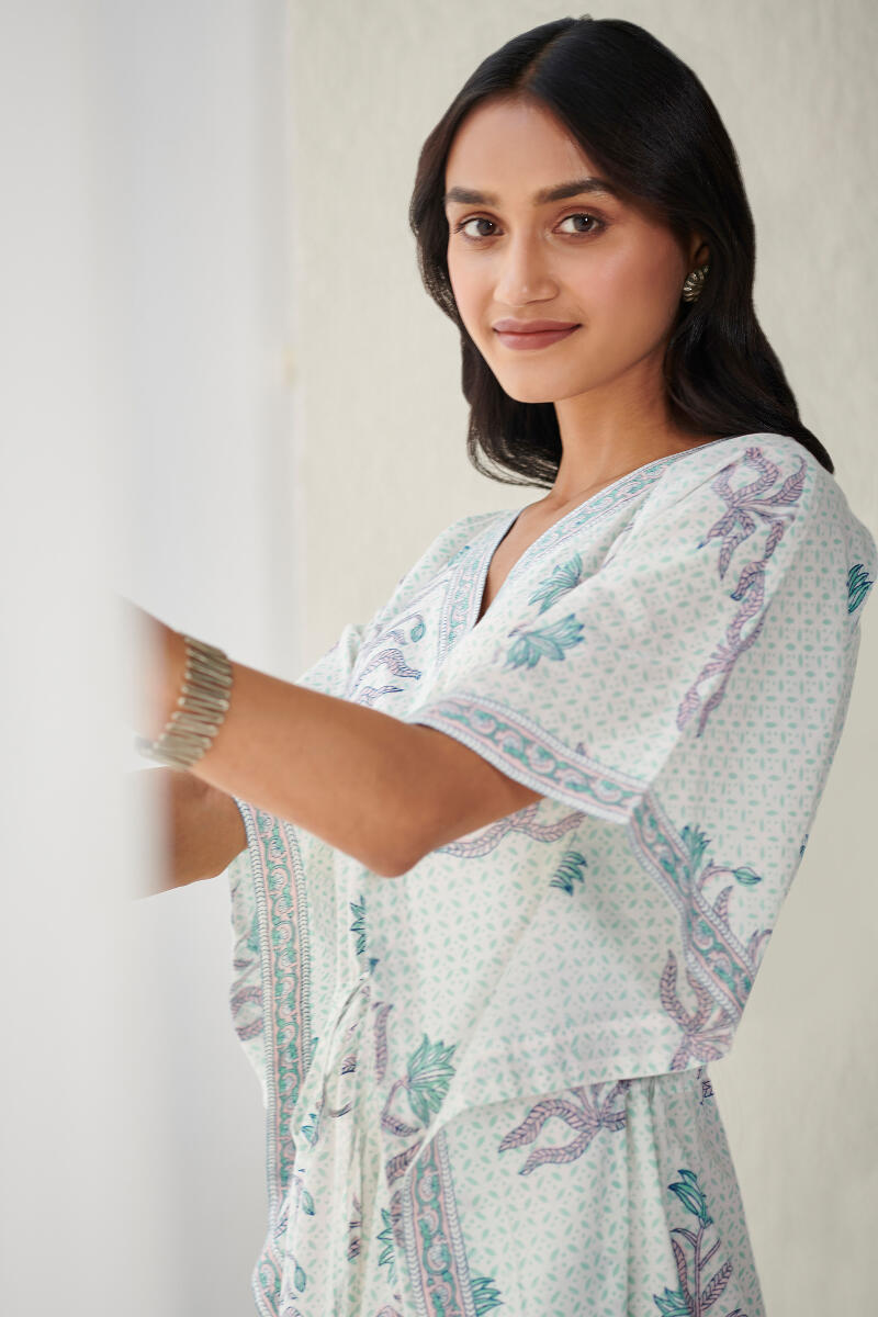 White Hand Block Printed Cotton Kaftan