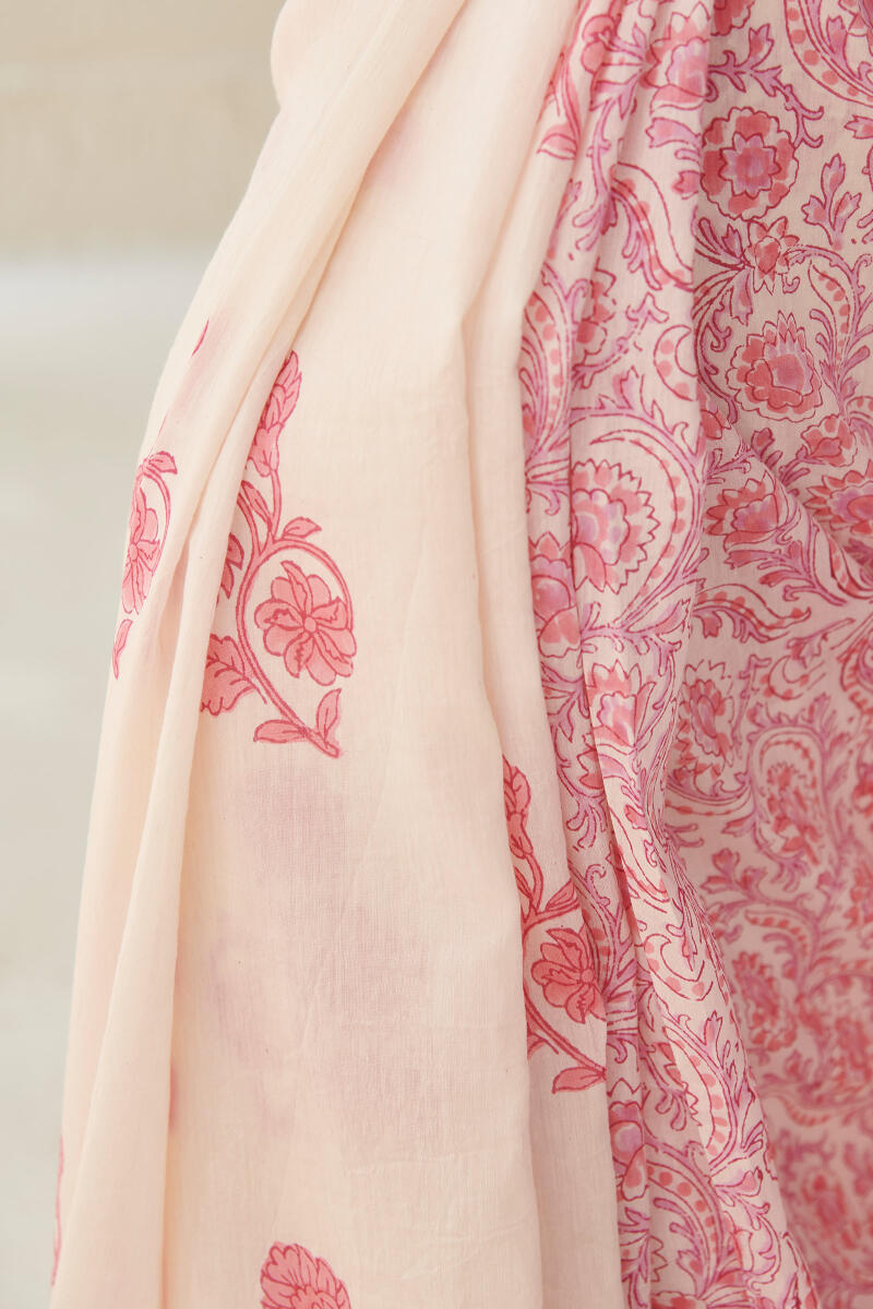 Pink Hand Block Printed Cotton Silk Saree