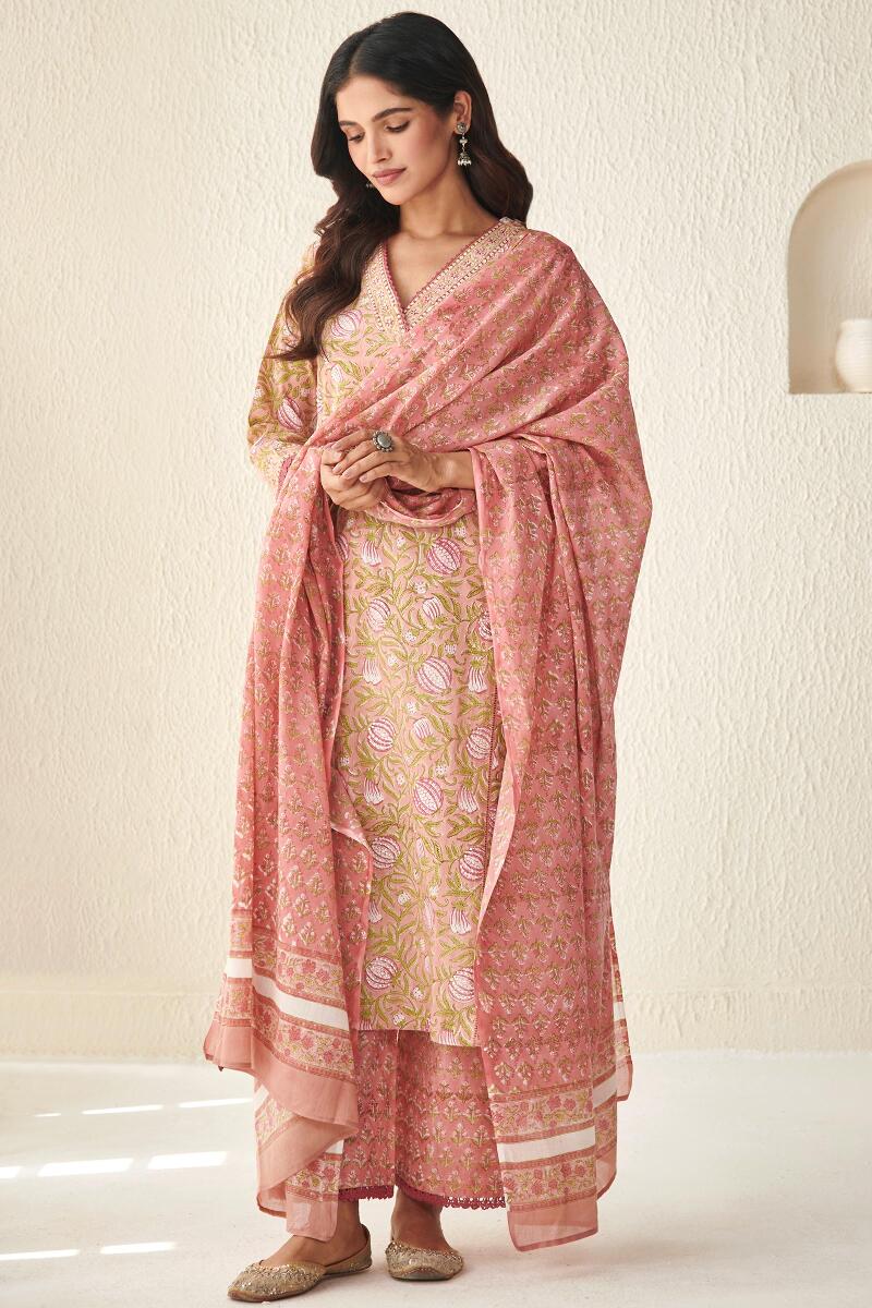 Pink Hand Block Printed Straight Cotton Kurta