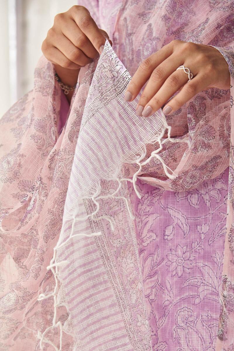Pink Hand Block Printed Kota Dupatta