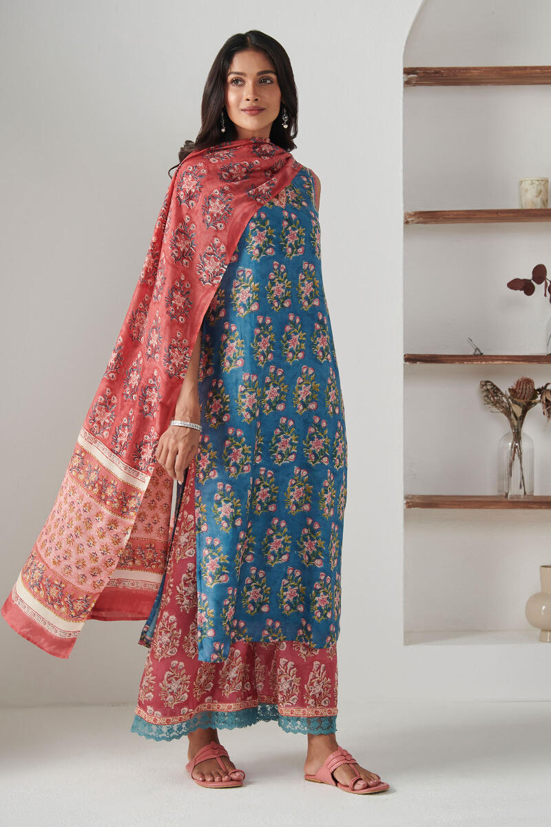 Blue Block Printed Straight Cotton Modal Kurta
