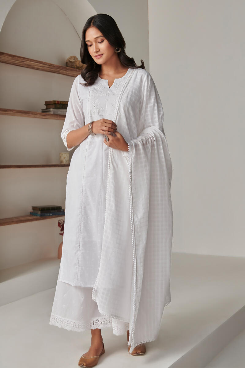 White Handcrafted Straight Cotton Kurta