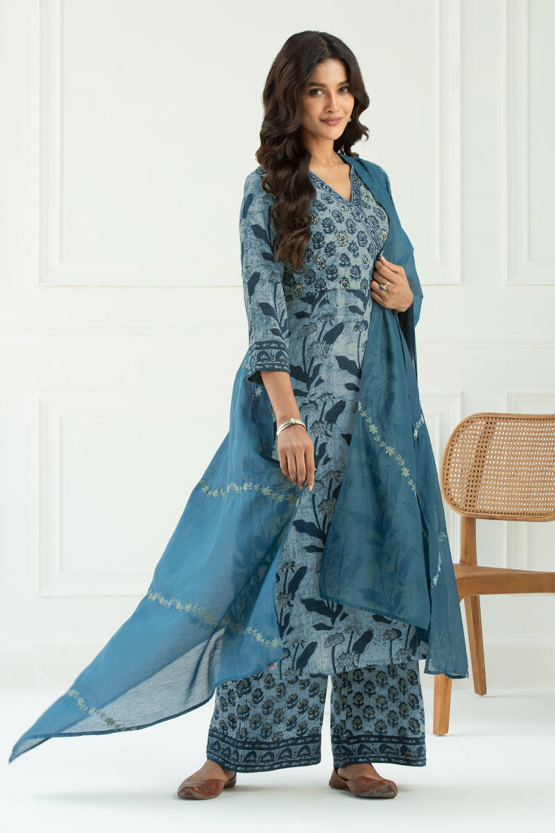 Indigo Block Printed Straight Cotton Modal Kurta