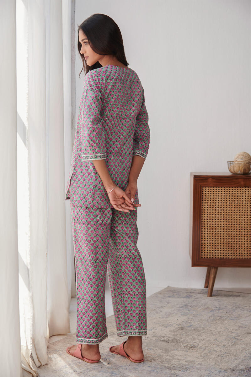 Pink Block Printed Cotton Loungewear Set