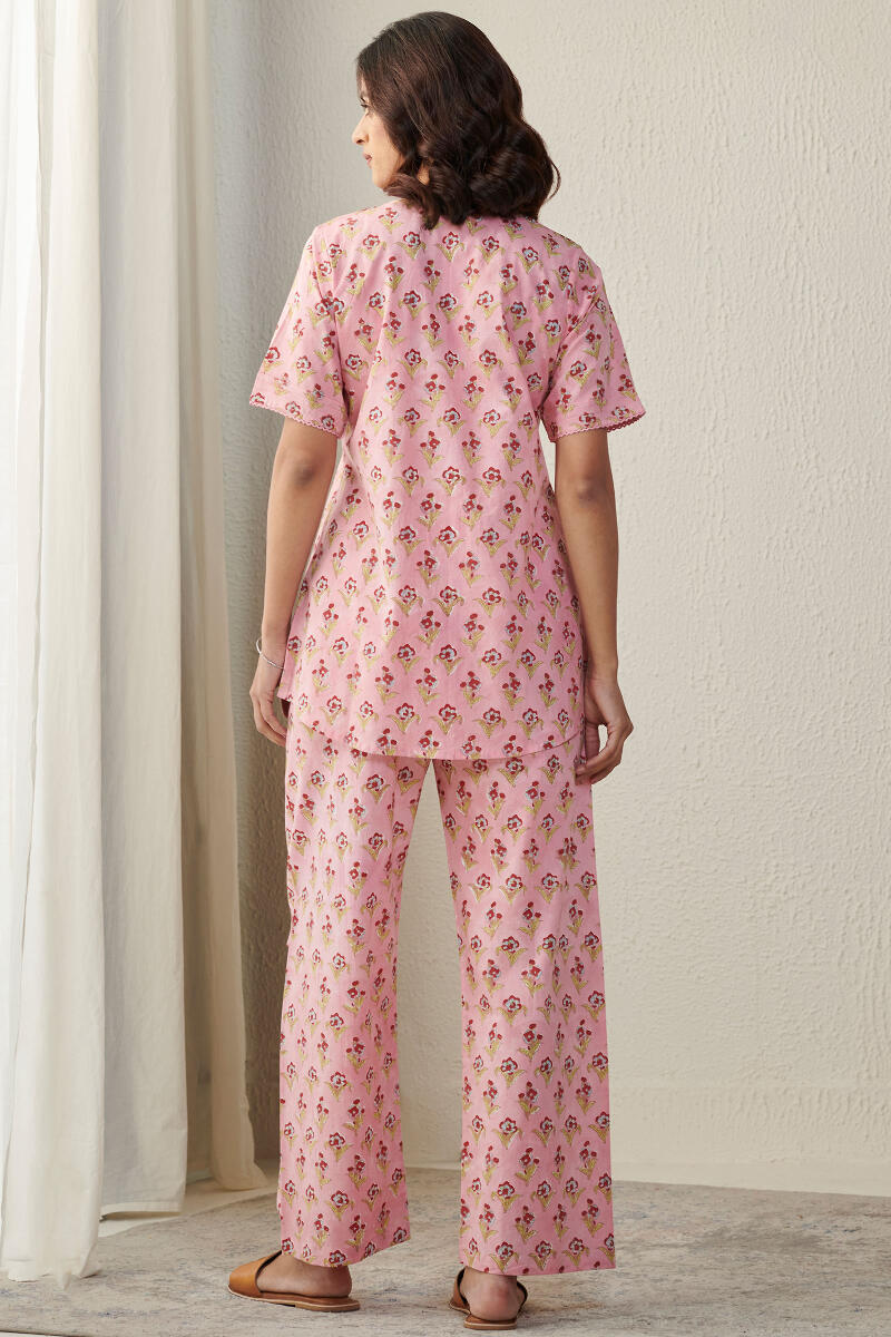 Pink Block Printed Cotton Loungewear Set