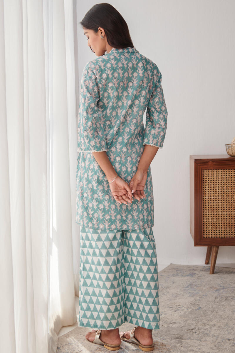 Blue Block Printed Cotton Loungewear Set