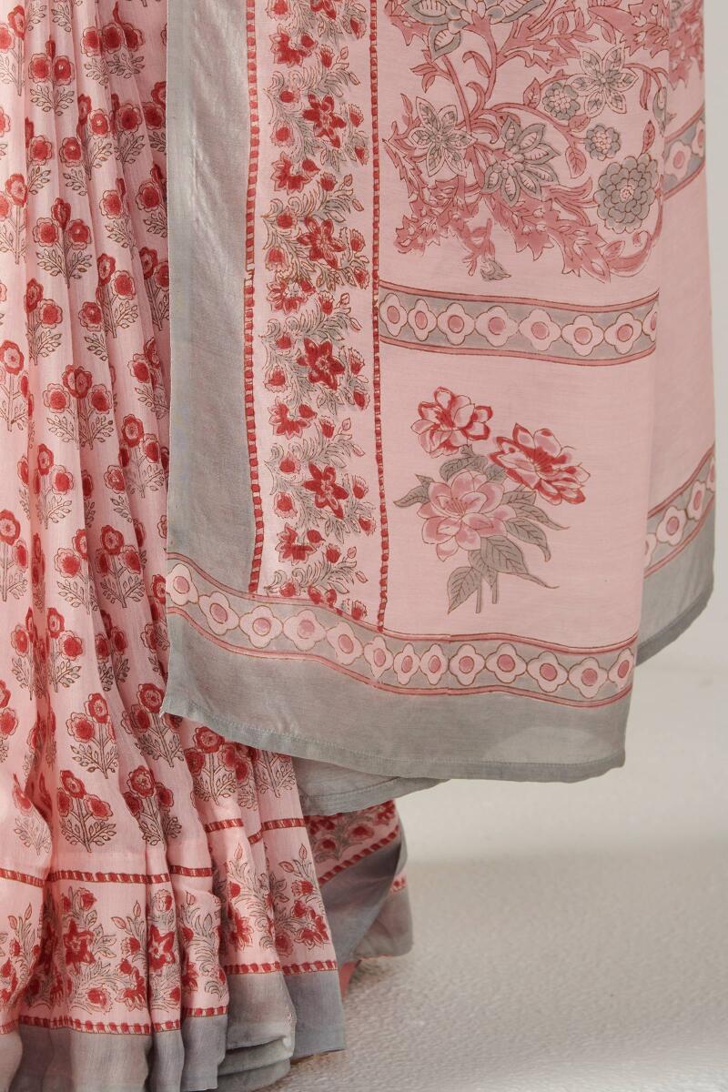 Pink Block Printed Modal Saree
