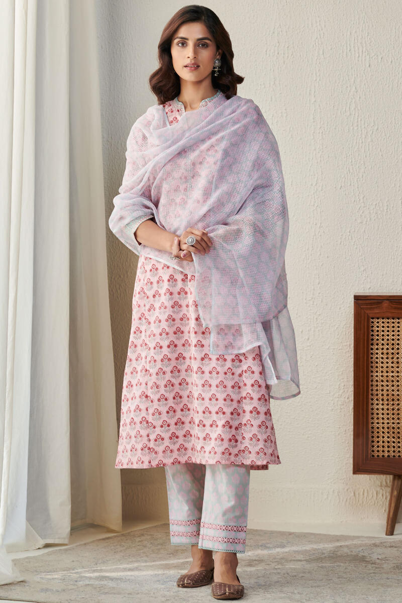 Pink Block Printed Cotton Narrow Pants