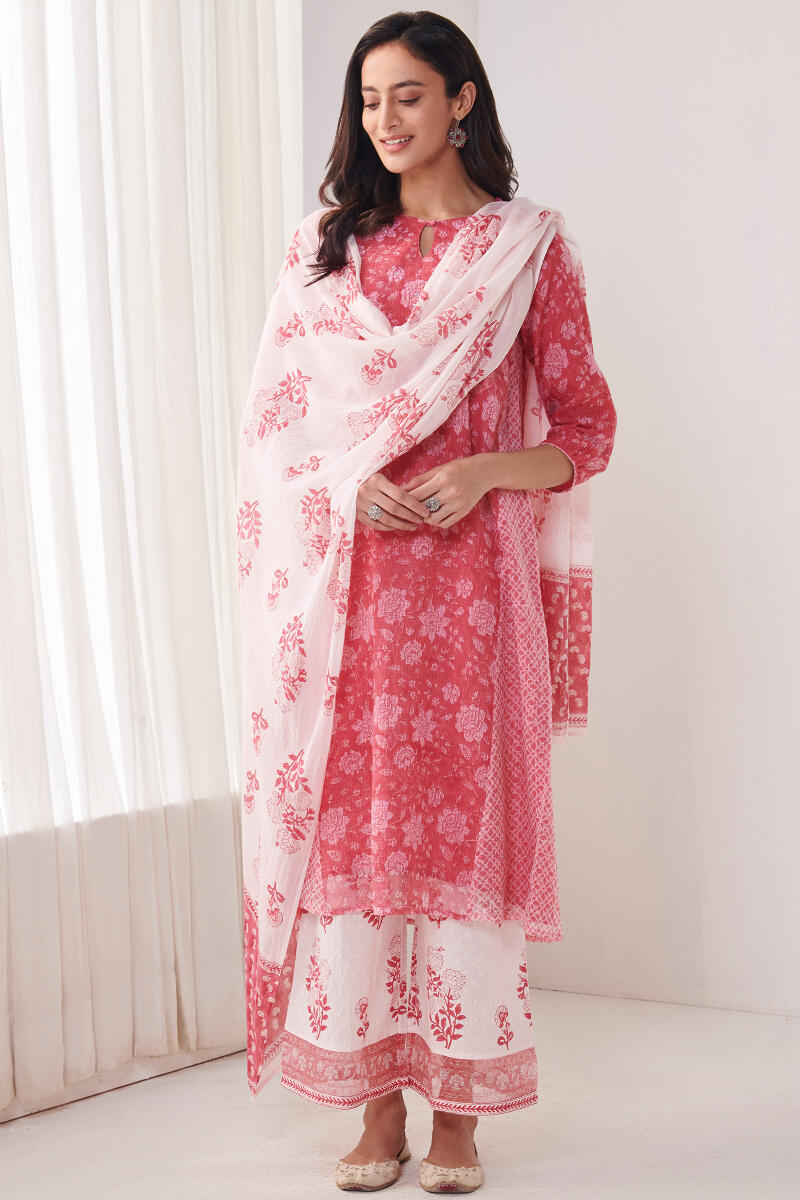 Pink Hand Block Printed A-Line Kota Kurta