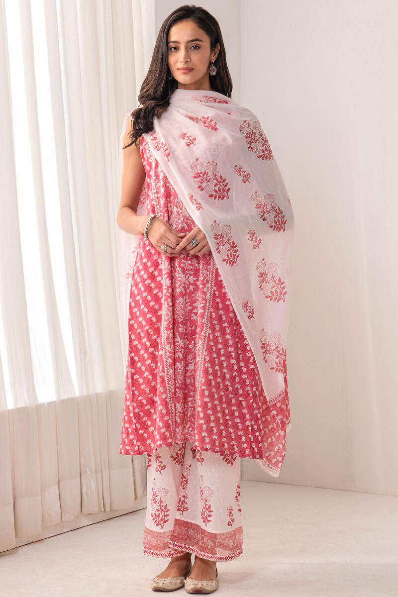 Pink Hand Block Printed A-Line Cotton Kurta