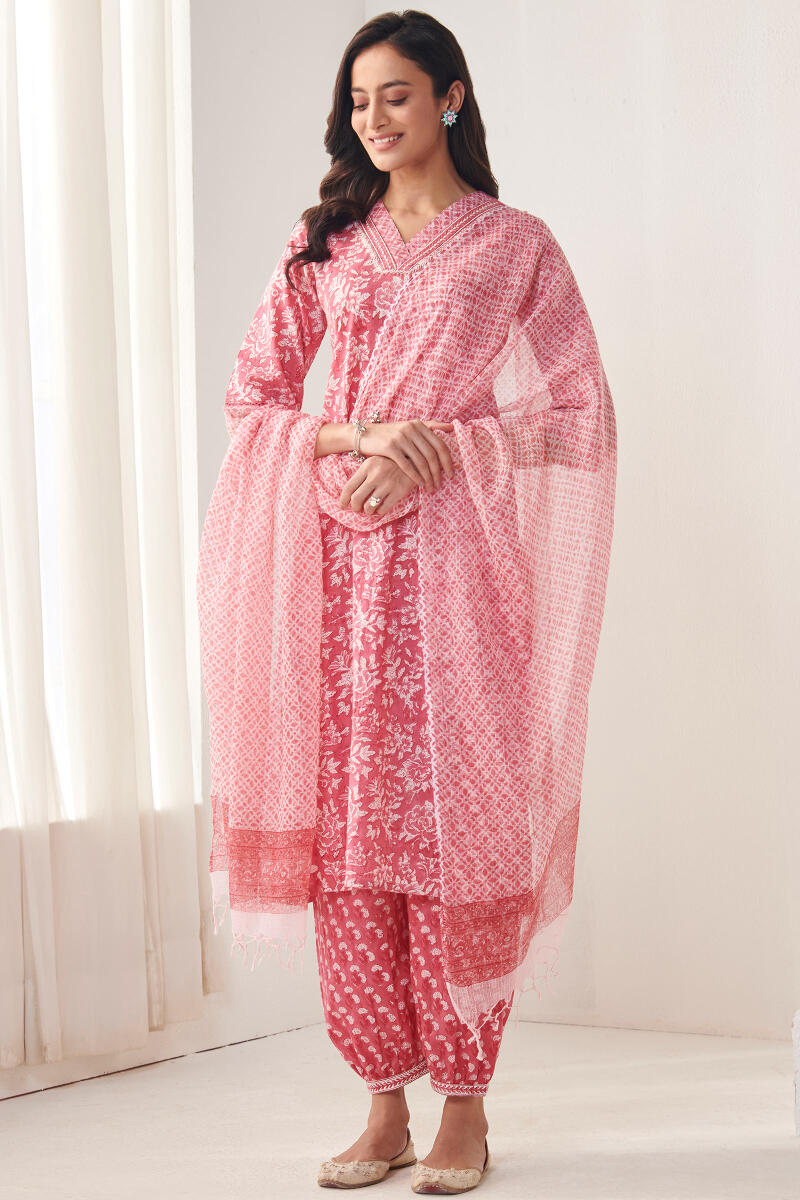Pink Hand Block Printed Straight Cotton Kurta