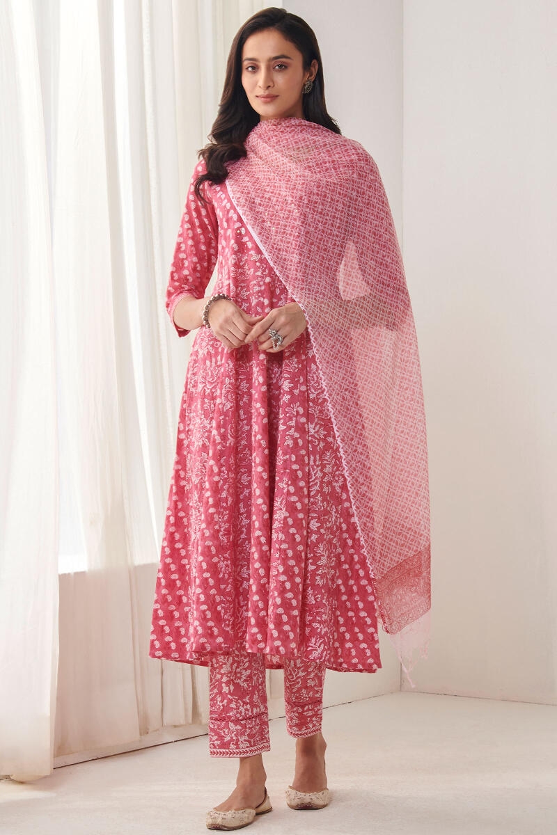Pink Hand Block Printed A-Line Cotton Kurta