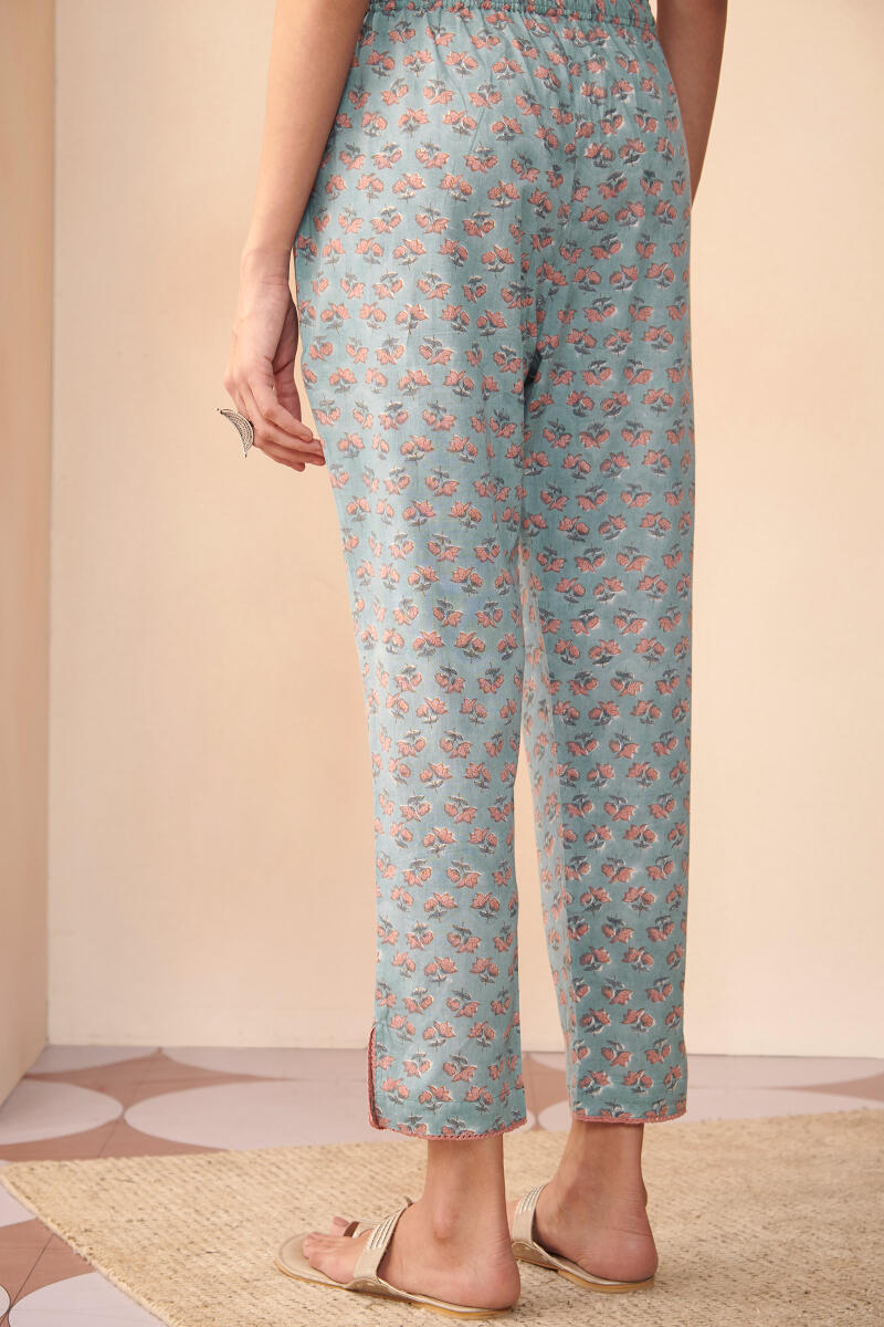 Blue Hand Block Printed Cotton Narrow Pants
