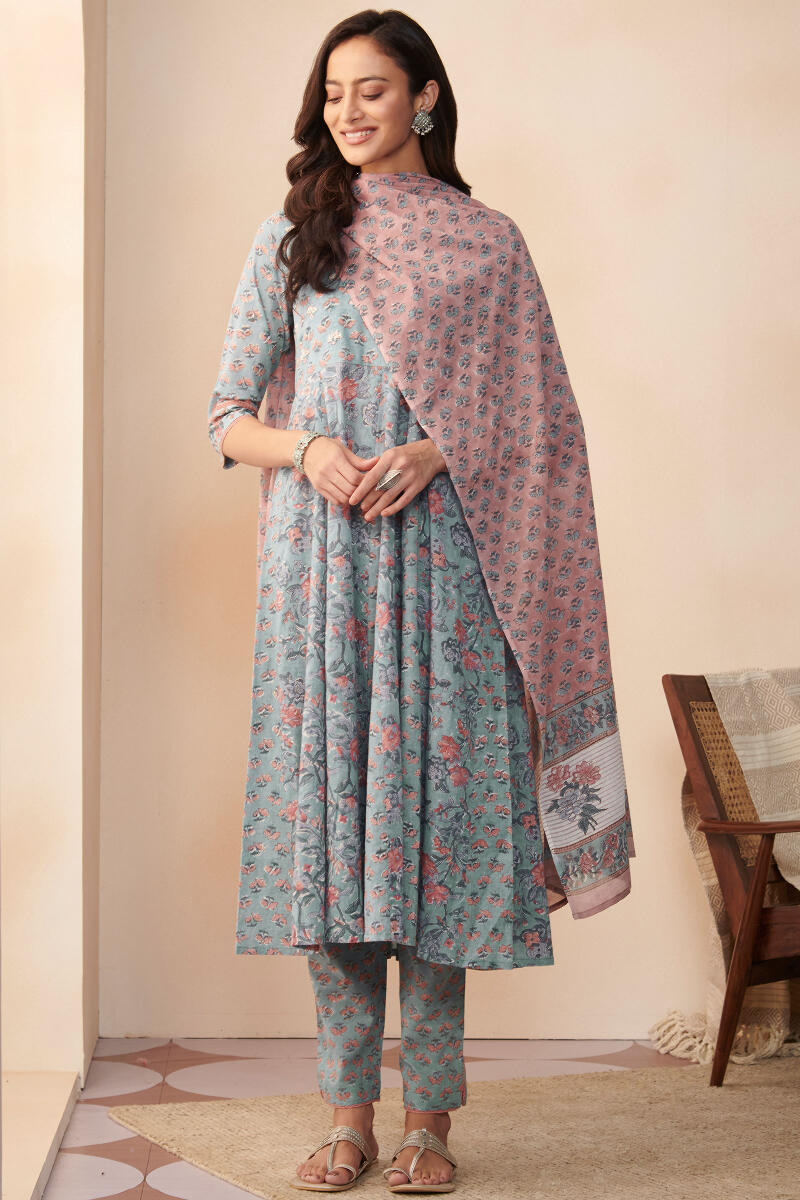 Blue Hand Block Printed Anarkali Cotton Kurta