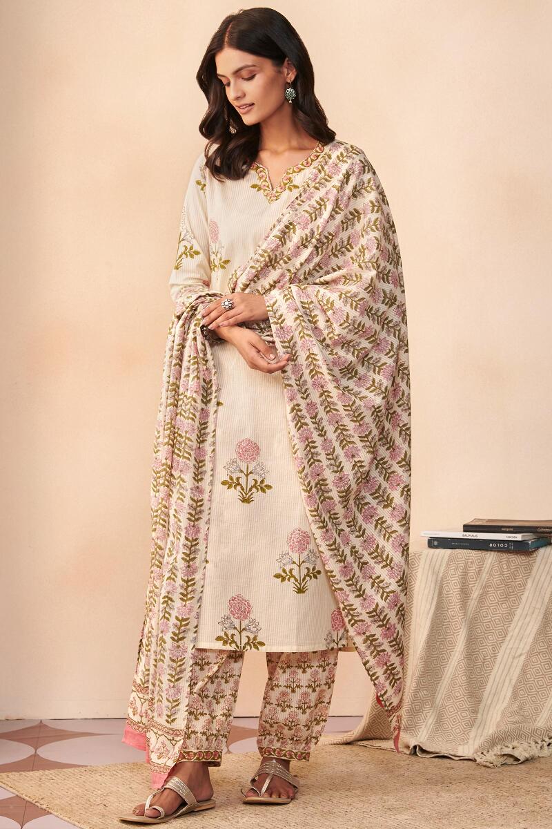 Off-White Hand Block Printed Straight Cotton Kurta