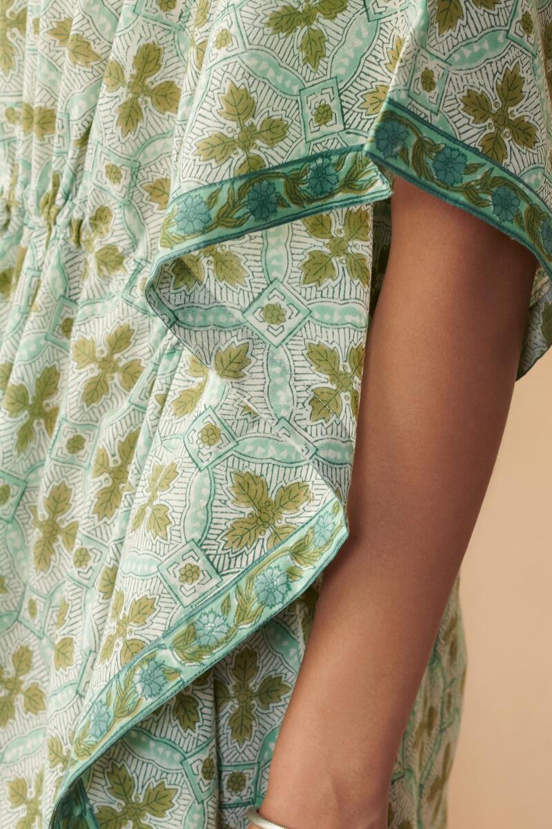 Green Hand Block Printed Cotton Kaftan