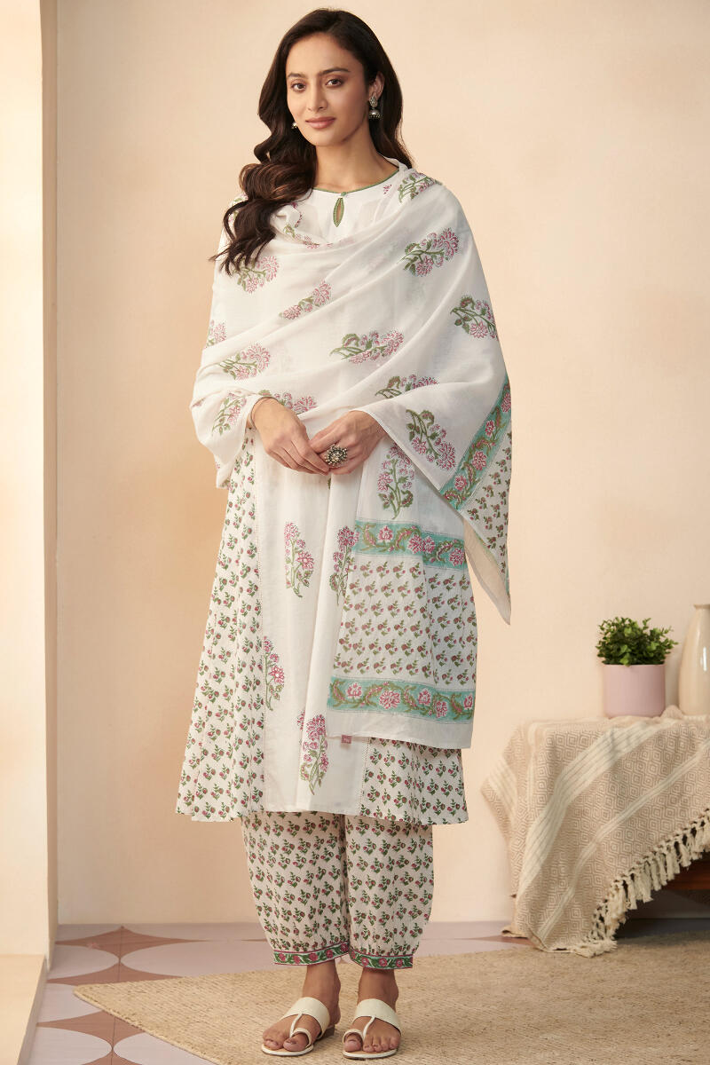 White Hand Block Printed A-Line Cotton Kurta