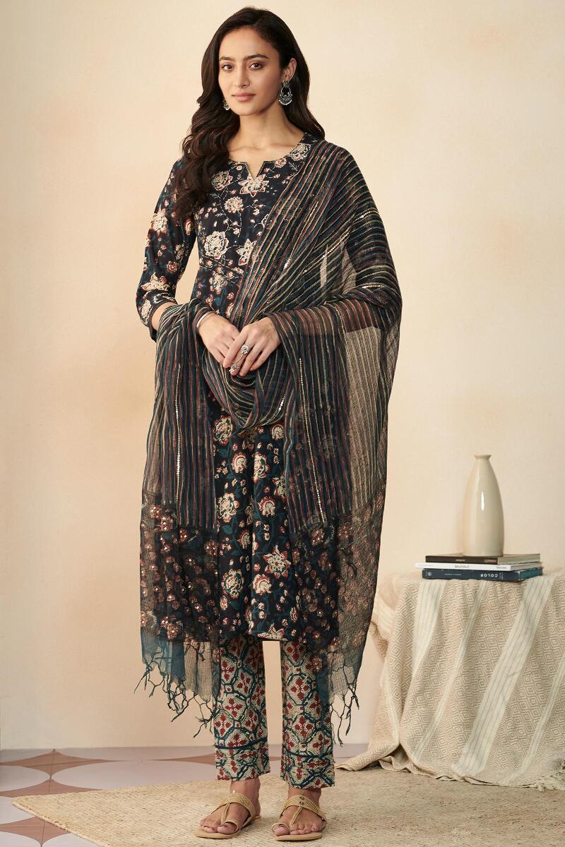 Black Hand Block Printed Kota Dupatta