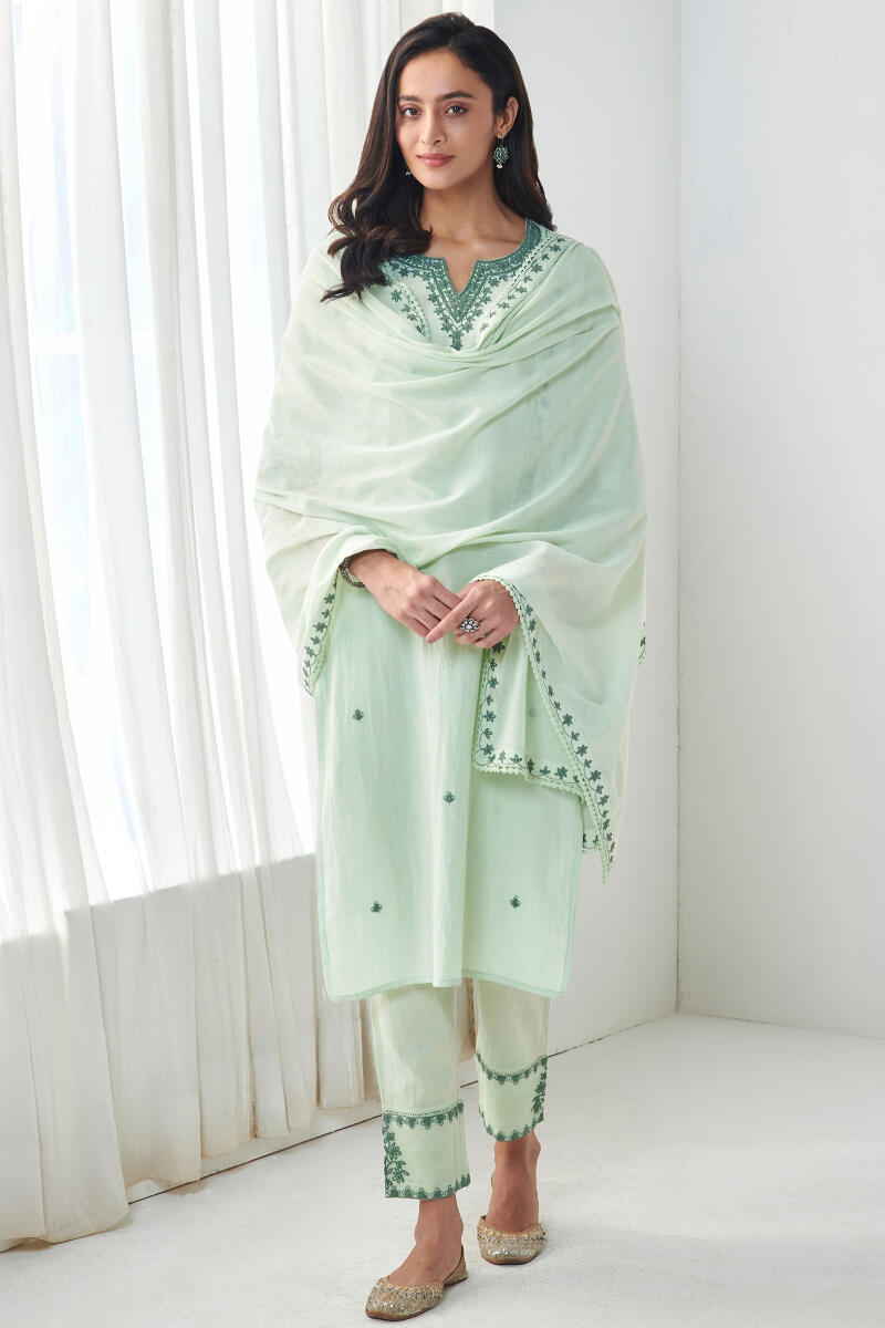Green Handcrafted Cotton Narrow Pants