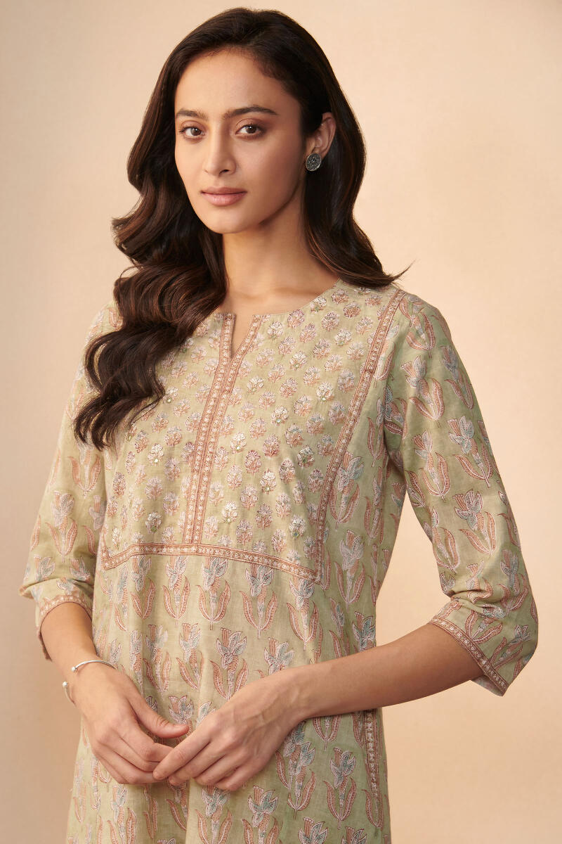Green Hand Block Printed Cotton Kaftan