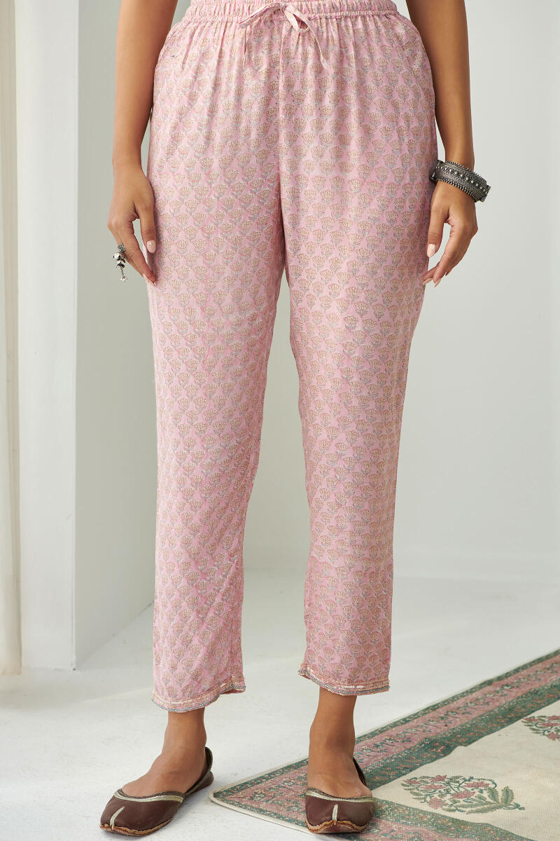 Pink Hand Block Printed Modal Narrow Pants