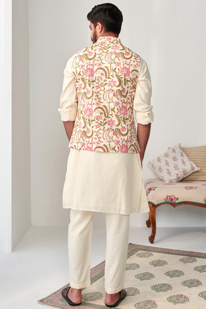 Off-White Hand Block Printed Cotton Nehru Jacket