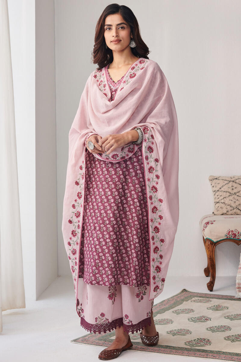 Purple Hand Block Printed A-Line Cotton Kurta