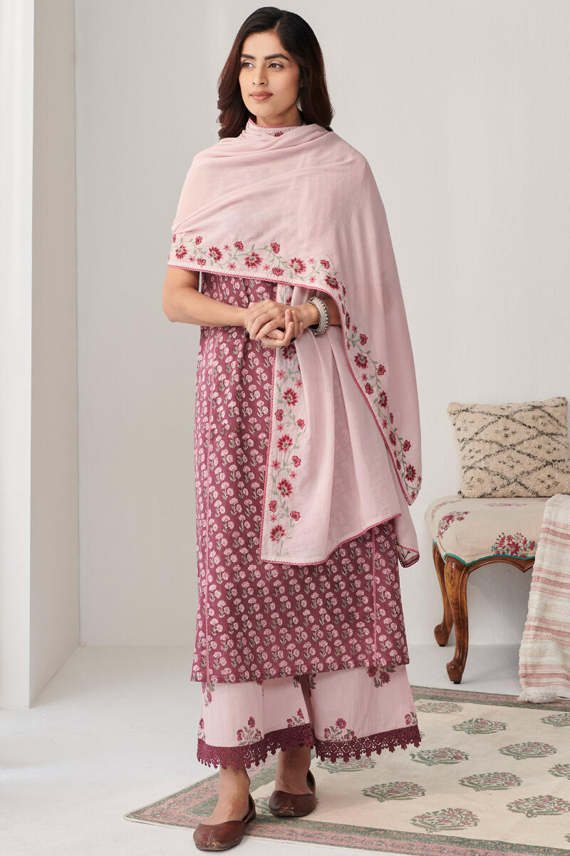 Purple Hand Block Printed A-Line Cotton Kurta