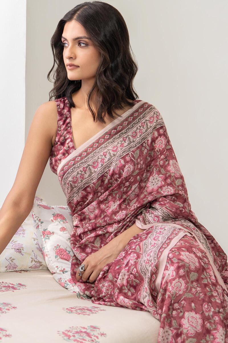 Purple Hand Block Printed Cotton Silk Saree