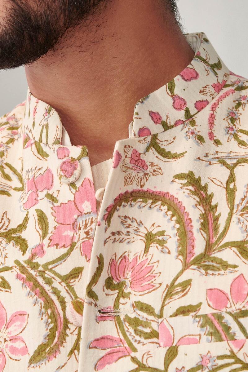 Off-White Hand Block Printed Cotton Nehru Jacket