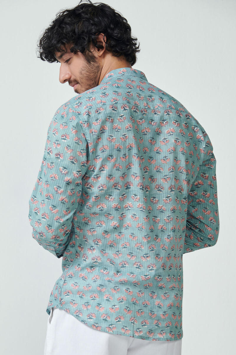 Blue Hand Block Printed Cotton Dobby Shirt