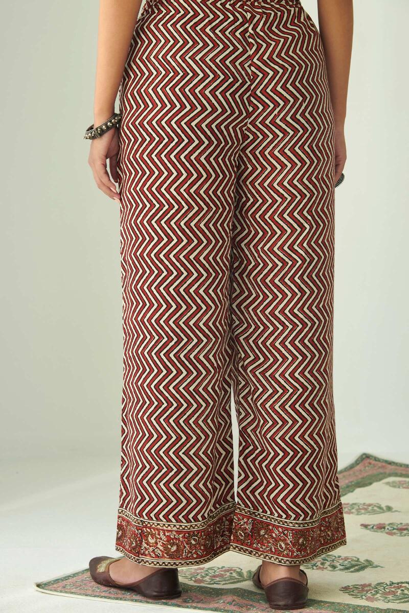 Maroon Hand Block Printed Shantung Farsi Pants