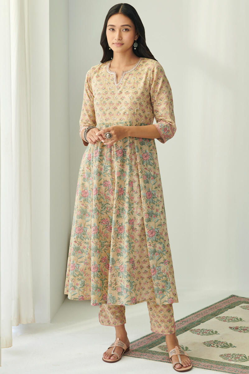 Mustard Hand Block Printed Anarkali Cotton Kurta