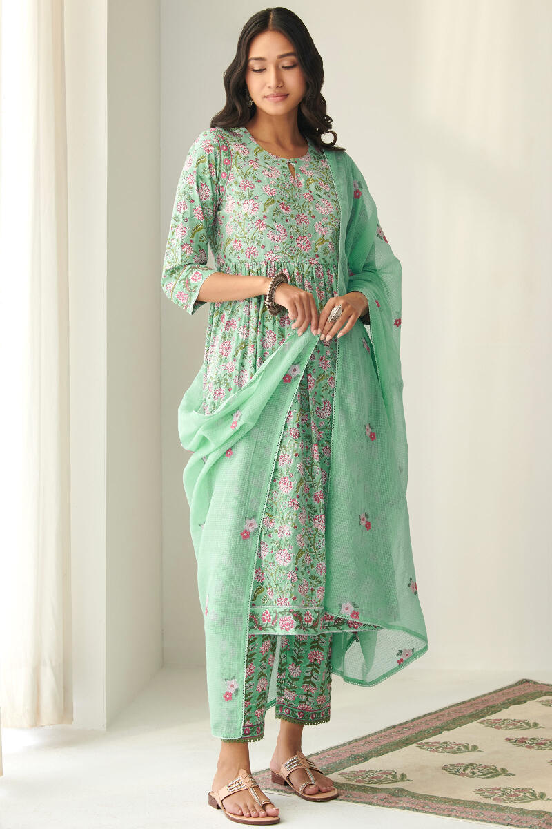 Green Hand Block Printed A-Line Cotton Kurta