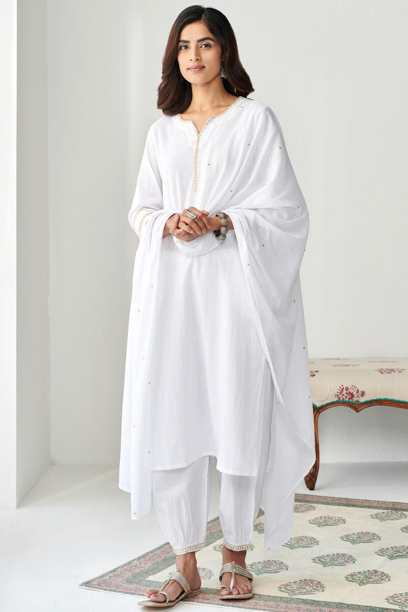 White Handcrafted Straight Cotton Kurta