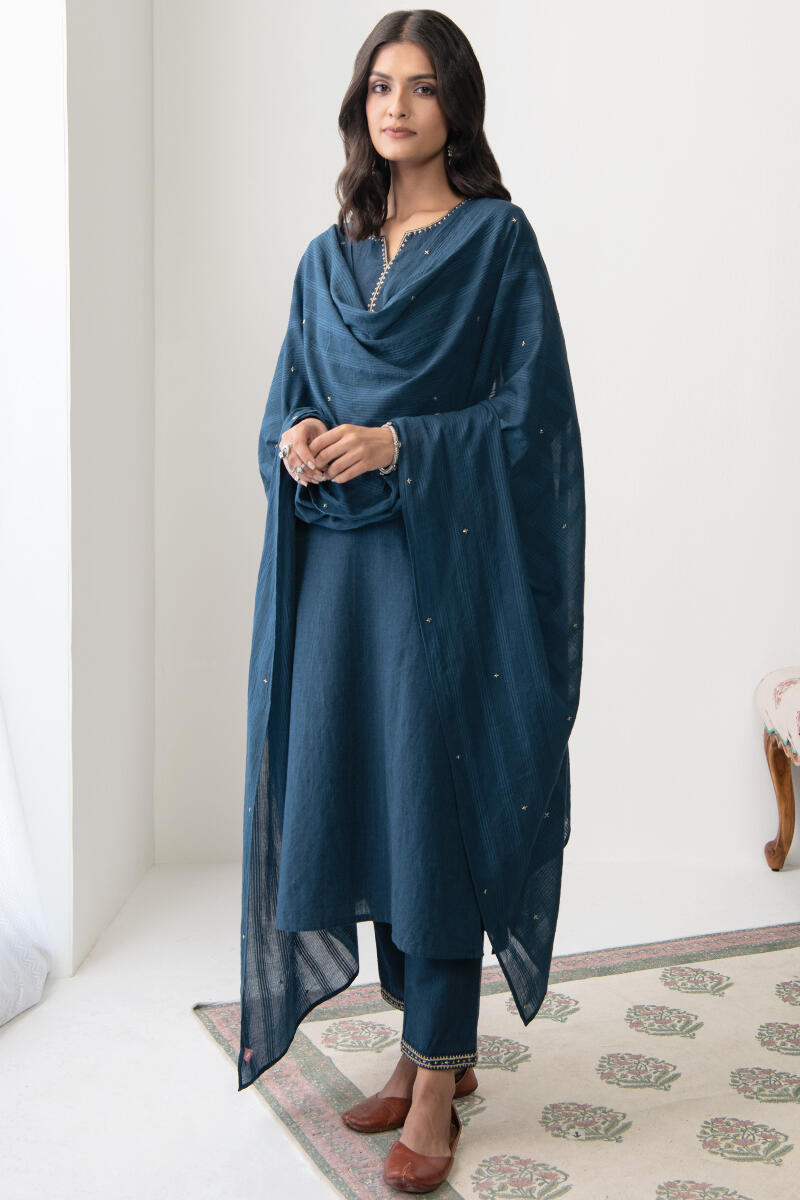 Blue Handcrafted Cotton Narrow Pants