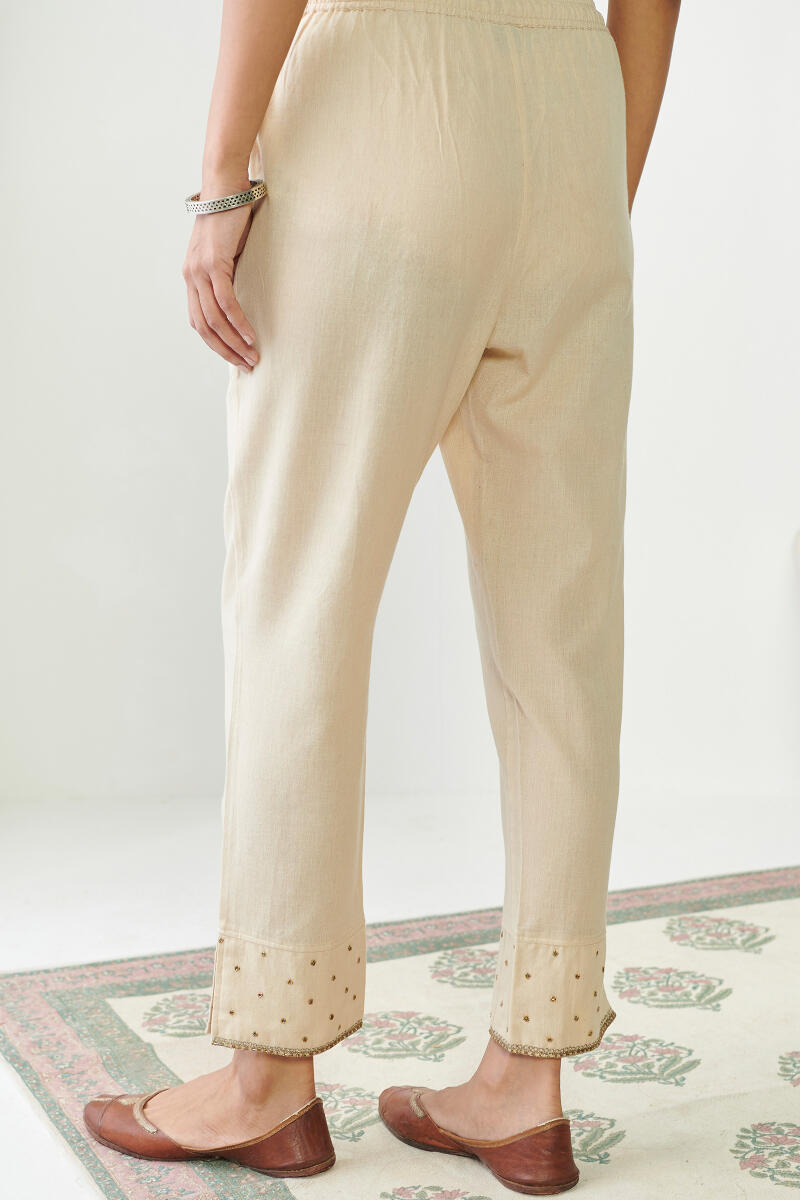 Beige Handcrafted Cotton Narrow Pants