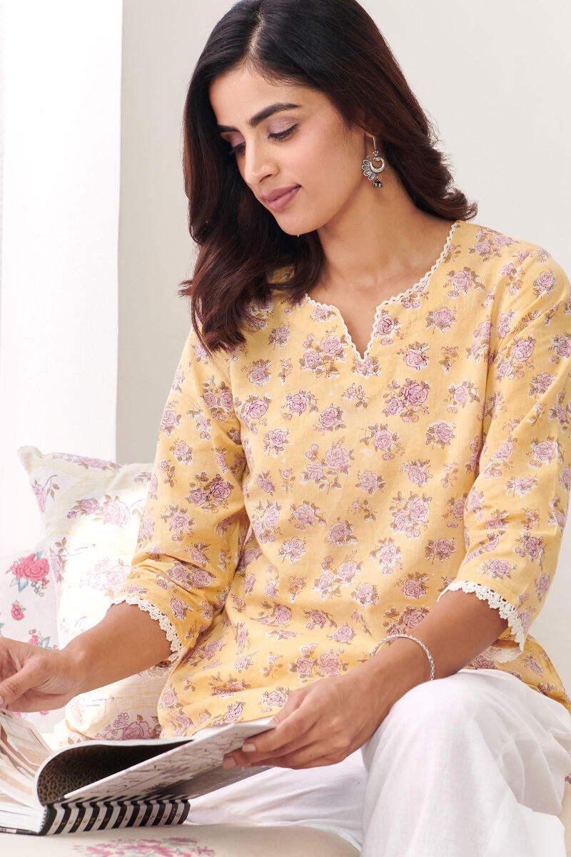 Yellow Hand Block Printed Cotton Top