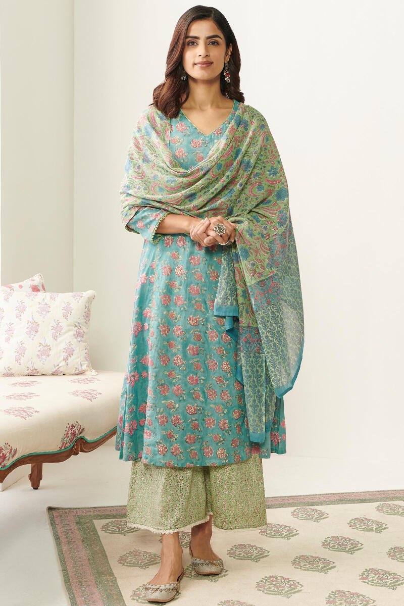 Blue Hand Block Printed A-Line Cotton Kurta