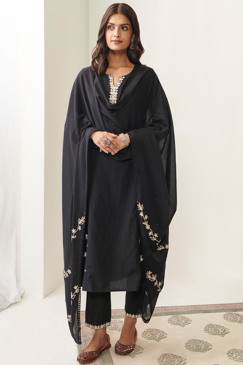 Black Handcrafted Straight Cotton Kurta
