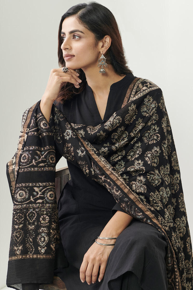 Ajrak Hand Block Printed Chanderi Dupatta