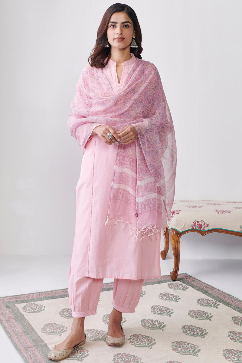 Pink Handcrafted Straight Cotton Kurta