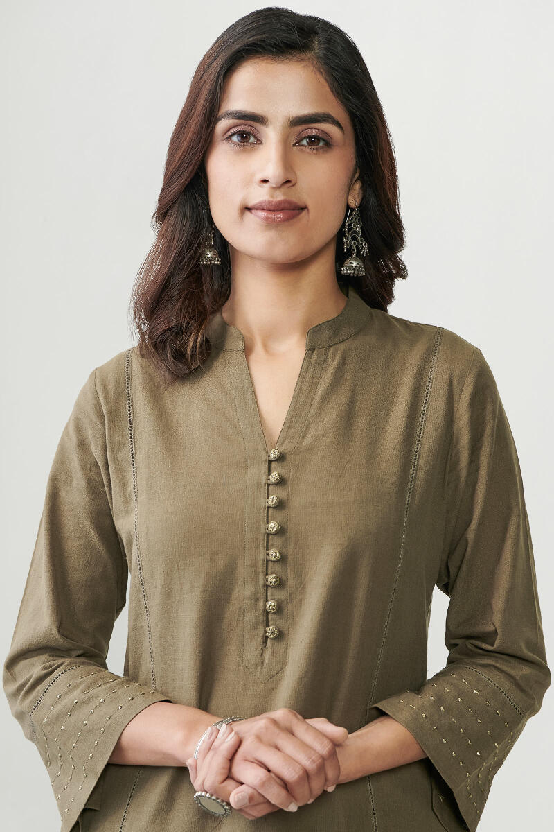 Green Handcrafted Straight Cotton Kurta
