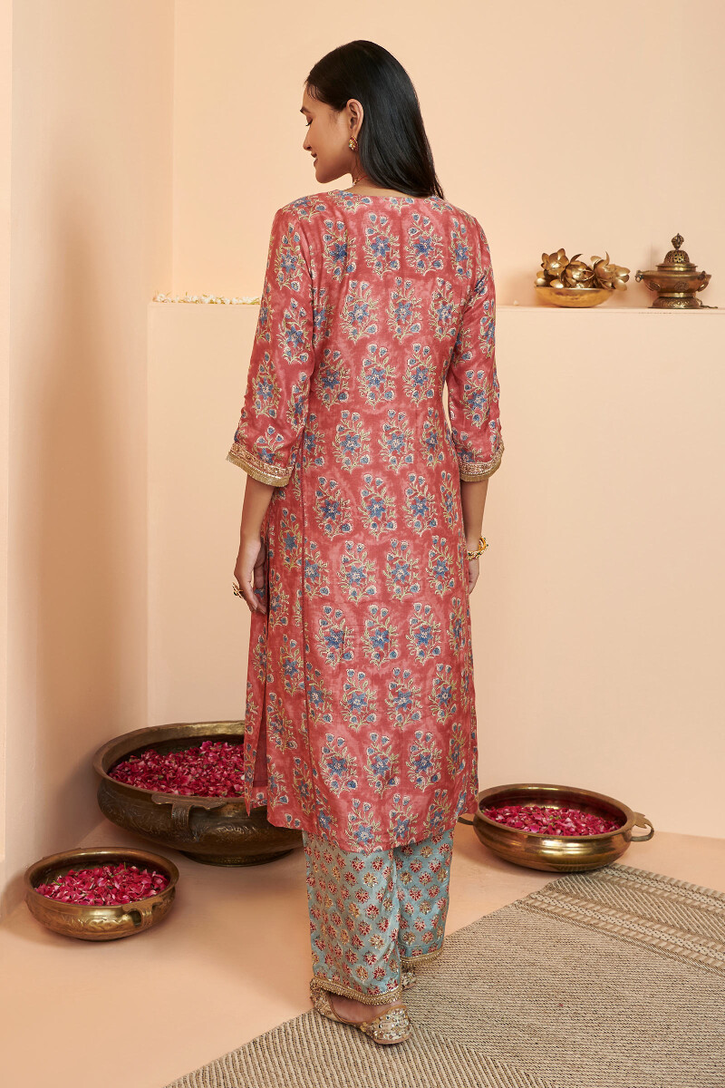 Red Hand Block Printed Straight Modal Kurta