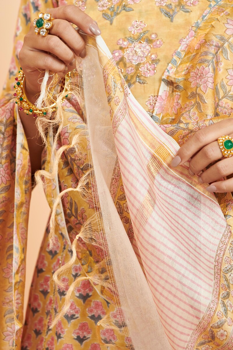Yellow Hand Block Printed Chanderi Dupatta