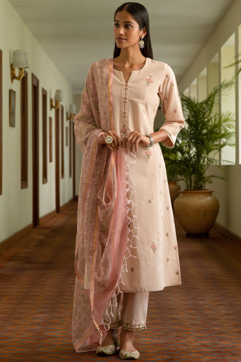Pink Handcrafted Straight Cotton Kurta