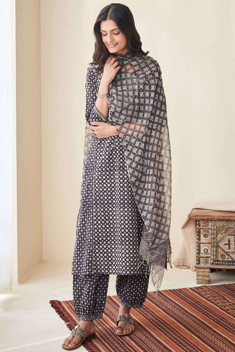 Black Hand Block Printed Straight Cotton Kurta