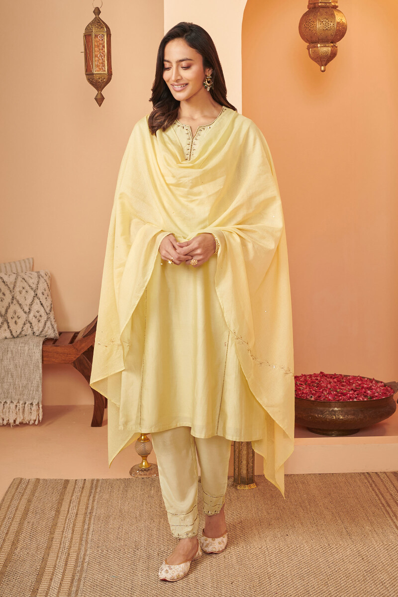 Yellow Handcrafted A-Line Chanderi Kurta
